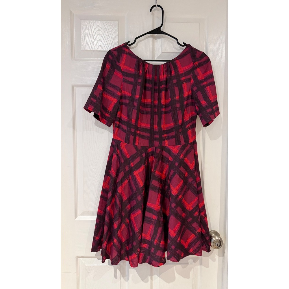 Rare Boden Womens US 10P Berry Red Abstract Plaid Fit and Flare Cotton Dress